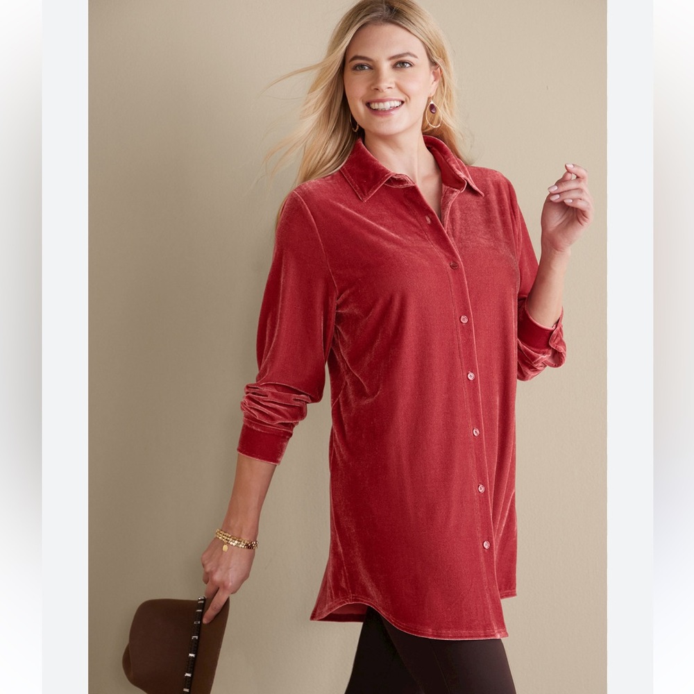 Soft Surroundings red velvet boyfriend tunic shirt PS